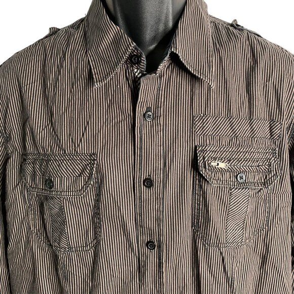Eighty Eight Button Up Long Sleeve Shirt L Black Tan Striped Pockets Collar Zip - Picture 2 of 6
